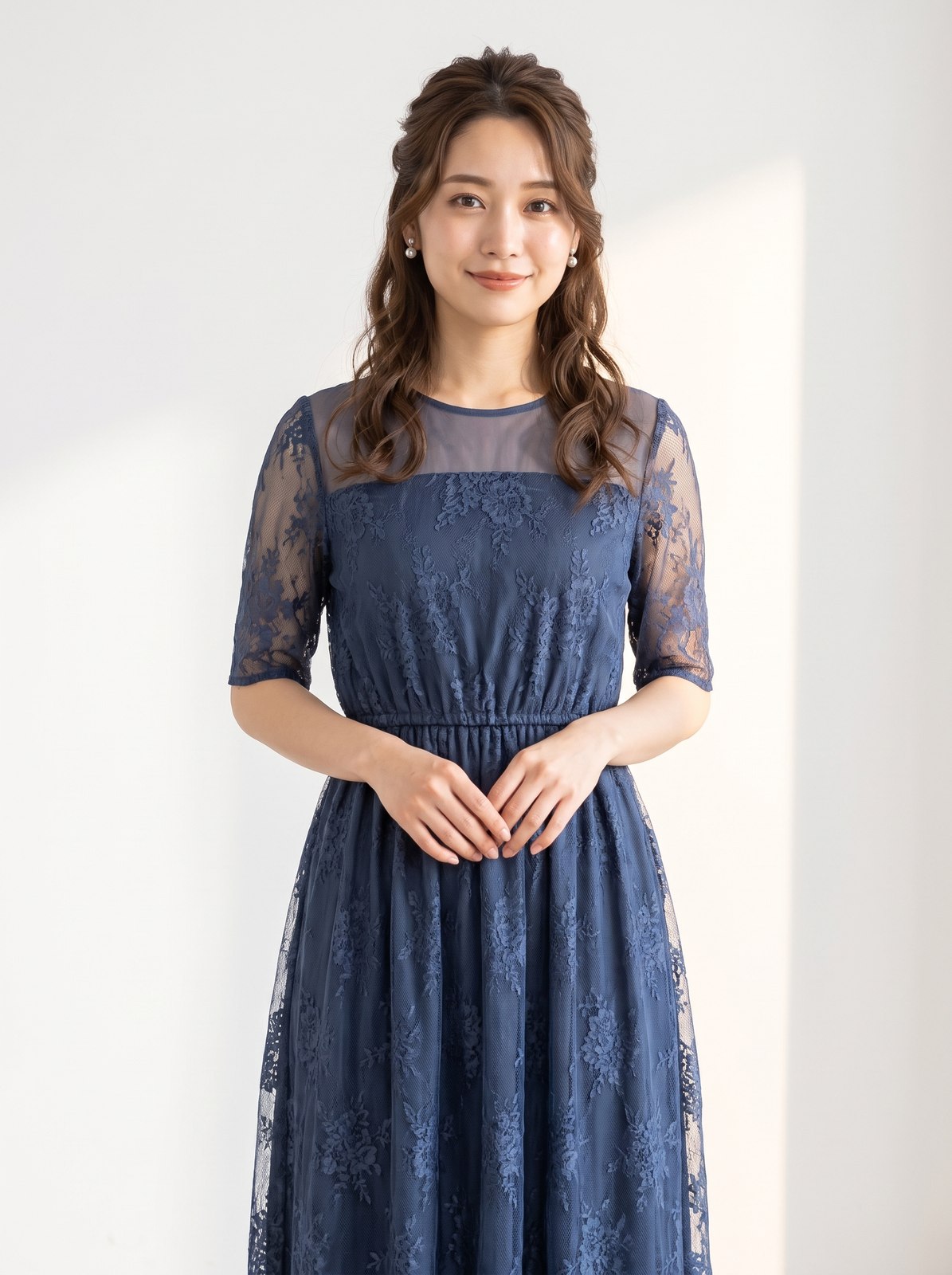 シアーヨーク総レース パーティードレス（ネイビー・ブルー系・XLサイズ）| 名古屋のレンタルドレス24DRESS