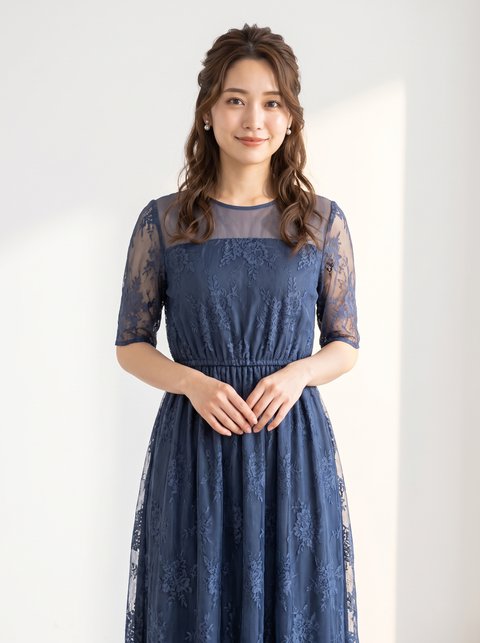 シアーヨーク総レース パーティードレス（ネイビー・ブルー系・XLサイズ）| 名古屋のレンタルドレス24DRESS