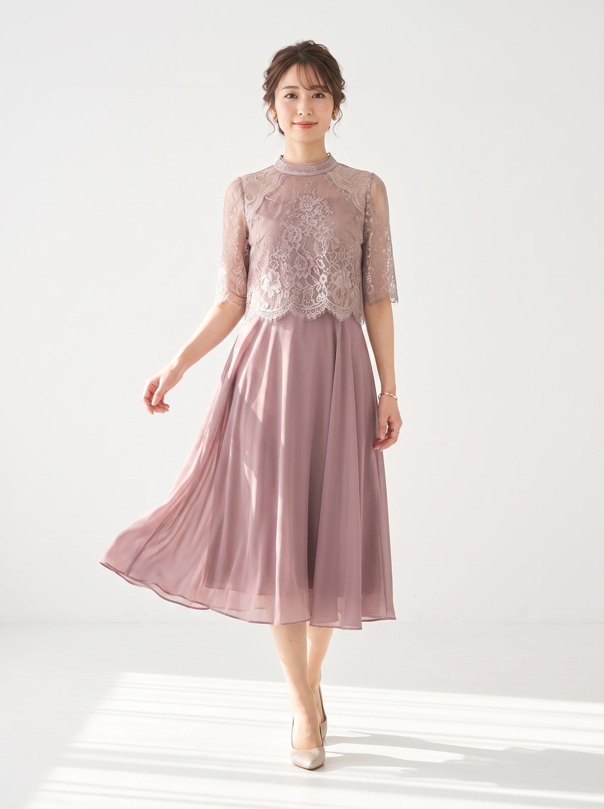 レースハイネックフレアミドルドレス（レッド・ピンク系・Mサイズ）| 名古屋のレンタルドレス24DRESS