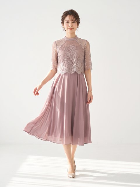レースハイネックフレアミドルドレス（レッド・ピンク系・Mサイズ）| 名古屋のレンタルドレス24DRESS