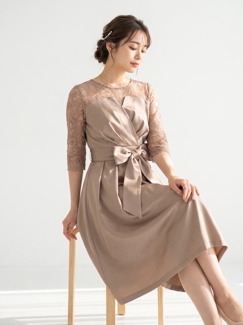 サテン調 レーススリーブパーティードレス（ブラウン・ベージュ系・Mサイズ）| 名古屋のレンタルドレス24DRESS