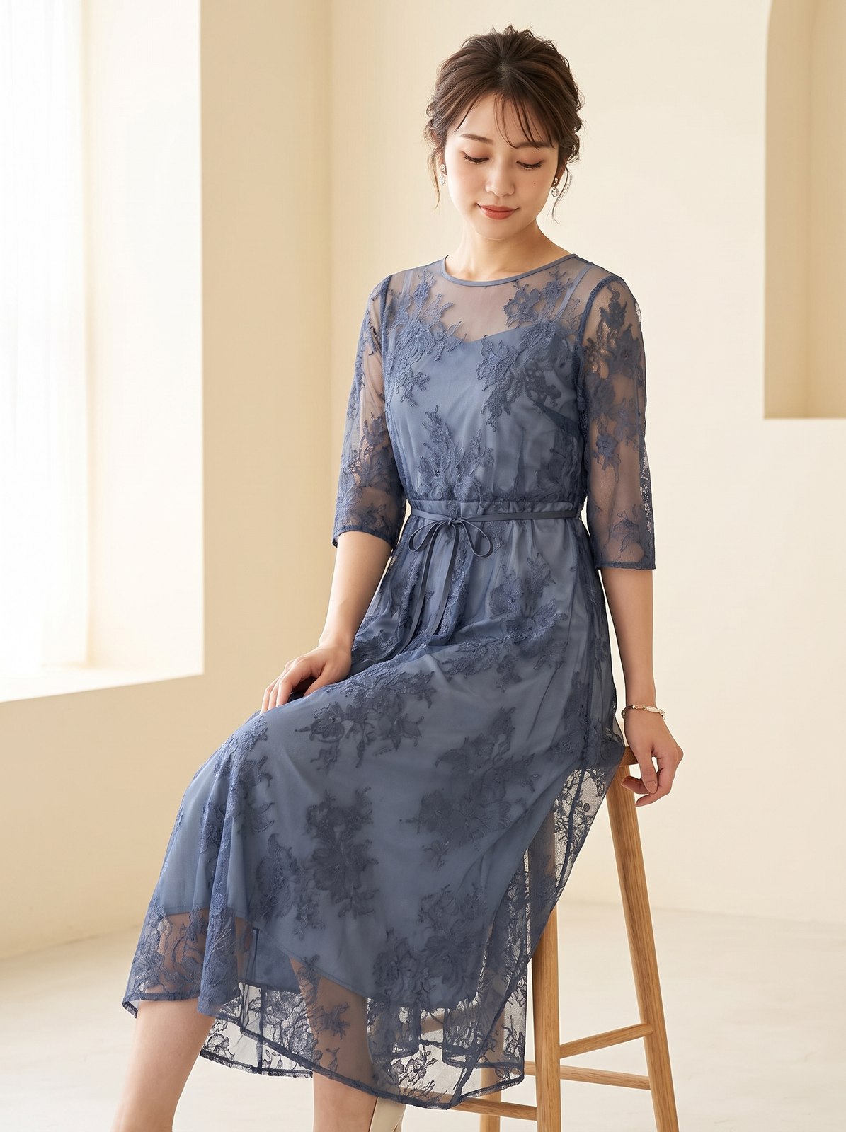 バックダブルリボン2ピースドレス（ネイビー・ブルー系・Mサイズ）| 名古屋のレンタルドレス24DRESS