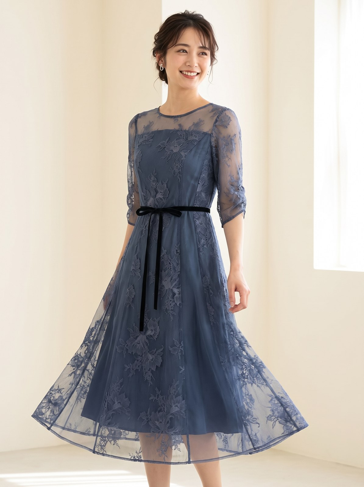 チュール×レースパネル切替ドレス（ネイビー・ブルー系・Sサイズ）| 名古屋のレンタルドレス24DRESS