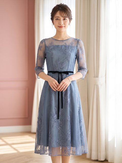 チュール×レースパネル切替ドレス（ネイビー・ブルー系・Mサイズ）| 名古屋のレンタルドレス24DRESS