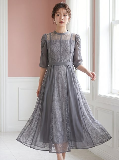 シフォン切り替えレースドレス（ホワイト・グレー系・Sサイズ）| 名古屋のレンタルドレス24DRESS