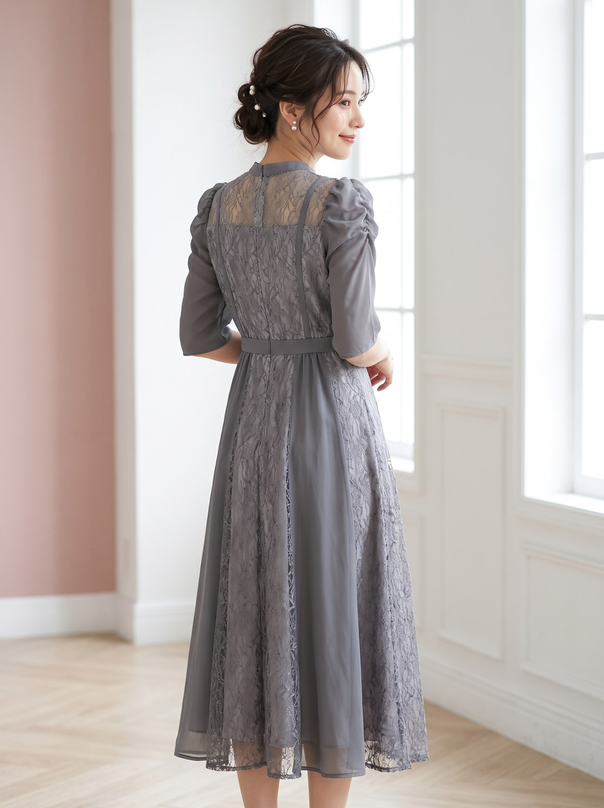 シフォン切り替えレースドレス（ホワイト・グレー系・Mサイズ）| 名古屋のレンタルドレス24DRESS