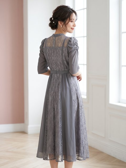 シフォン切り替えレースドレス（ホワイト・グレー系・Mサイズ）| 名古屋のレンタルドレス24DRESS
