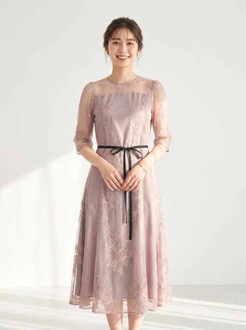 チュール×レースパネル切替ドレス（レッド・ピンク系・Sサイズ）| 名古屋のレンタルドレス24DRESS