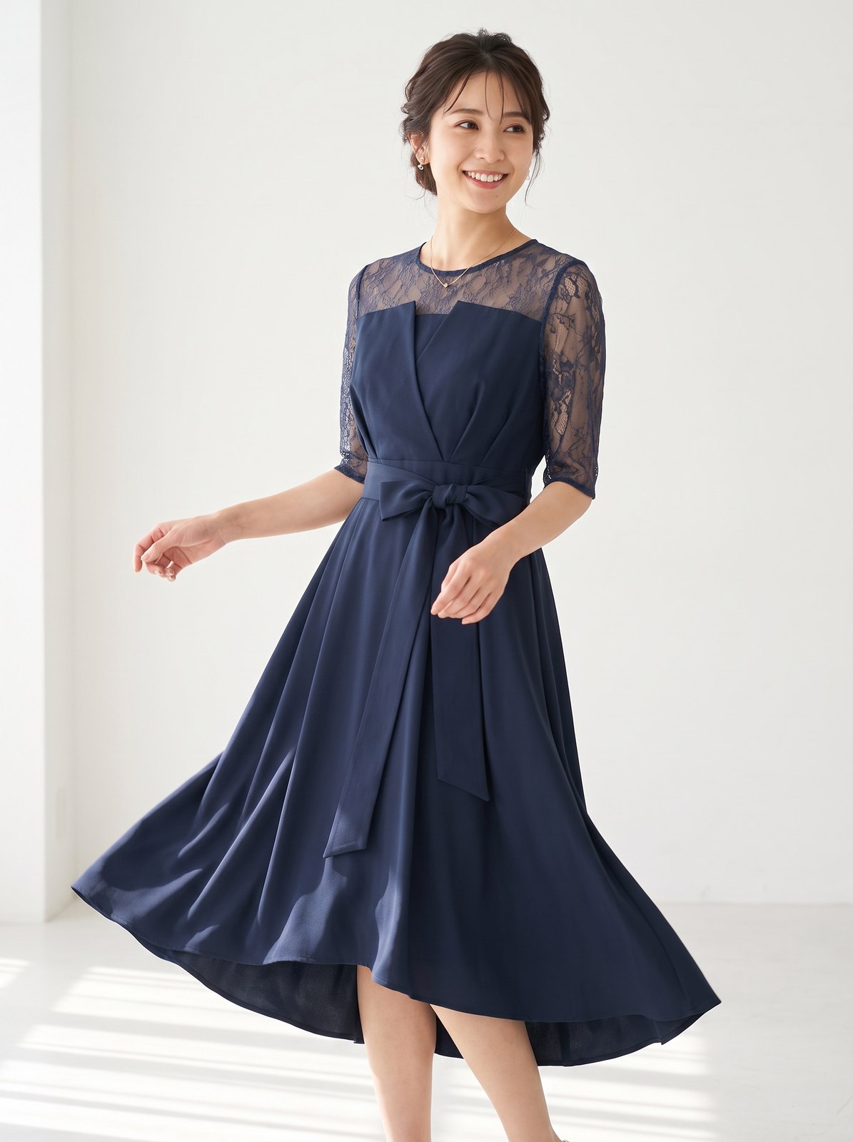 ウエストリボン レーススリーブドレス（ネイビー・ブルー系・Mサイズ）| 名古屋のレンタルドレス24DRESS