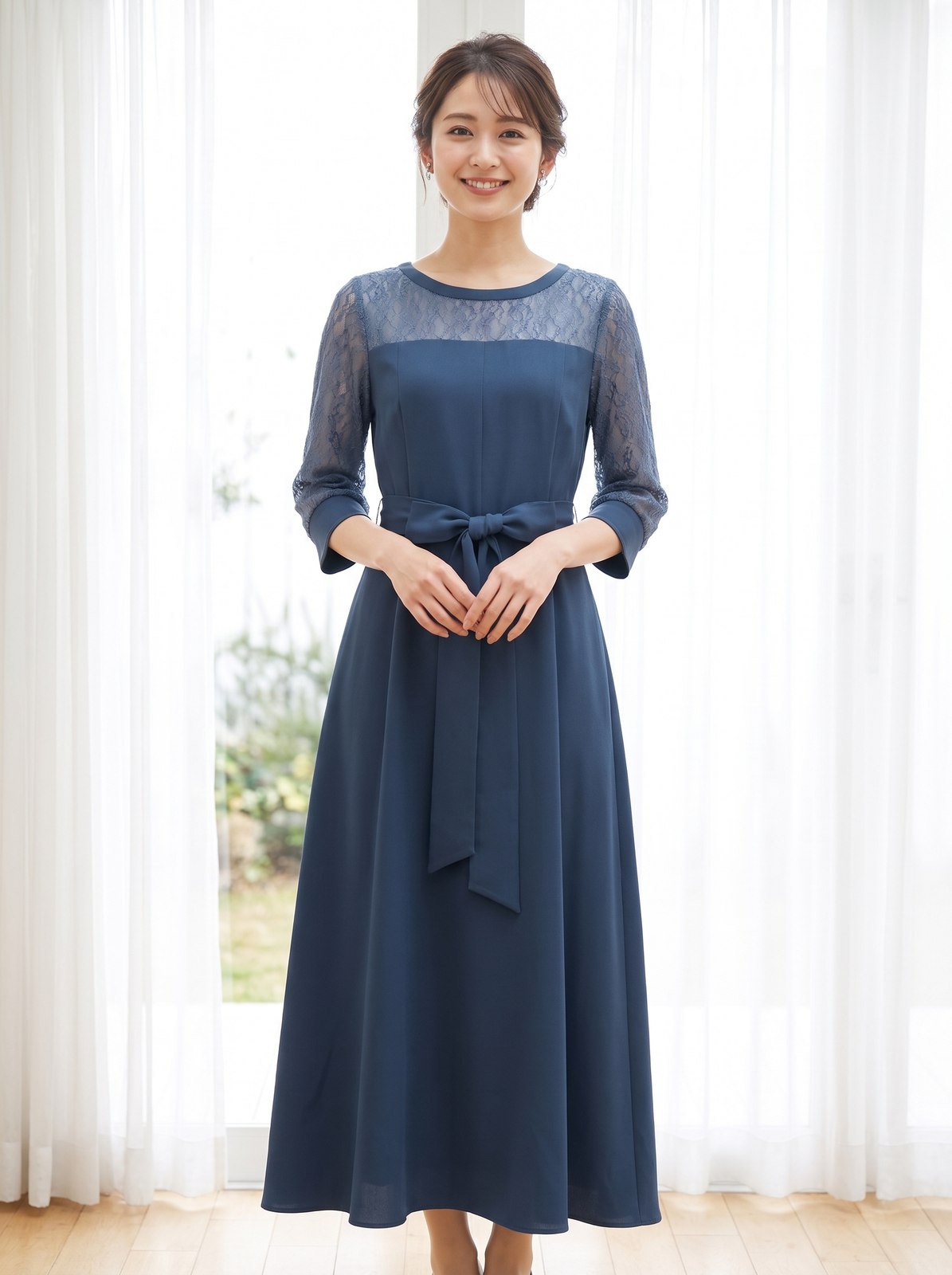 袖あり&ミモレ丈パーティードレス2WAYリボン大きいサイズ結婚式フォーマル（ネイビー・ブルー系・Lサイズ）| 名古屋のレンタルドレス24DRESS