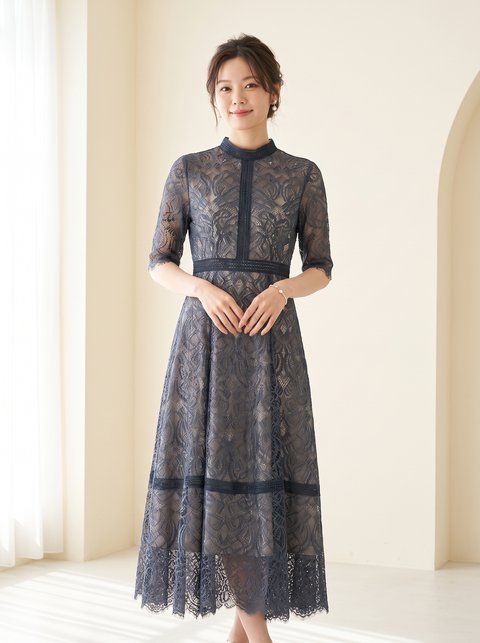 スタンドカラー総レース Aラインロングドレス（ネイビー・ブルー系・Mサイズ）| 名古屋のレンタルドレス24DRESS