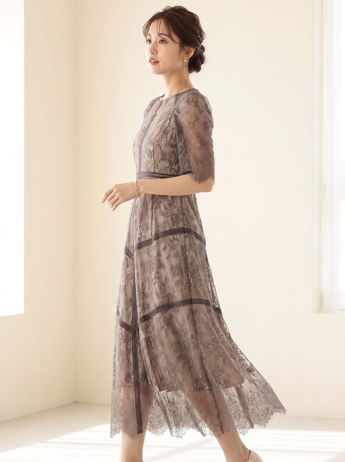 はしごレース切り替え 総レースドレス(ブラウン・ベージュ系・Mサイズ)| 名古屋のレンタルドレス24DRESS