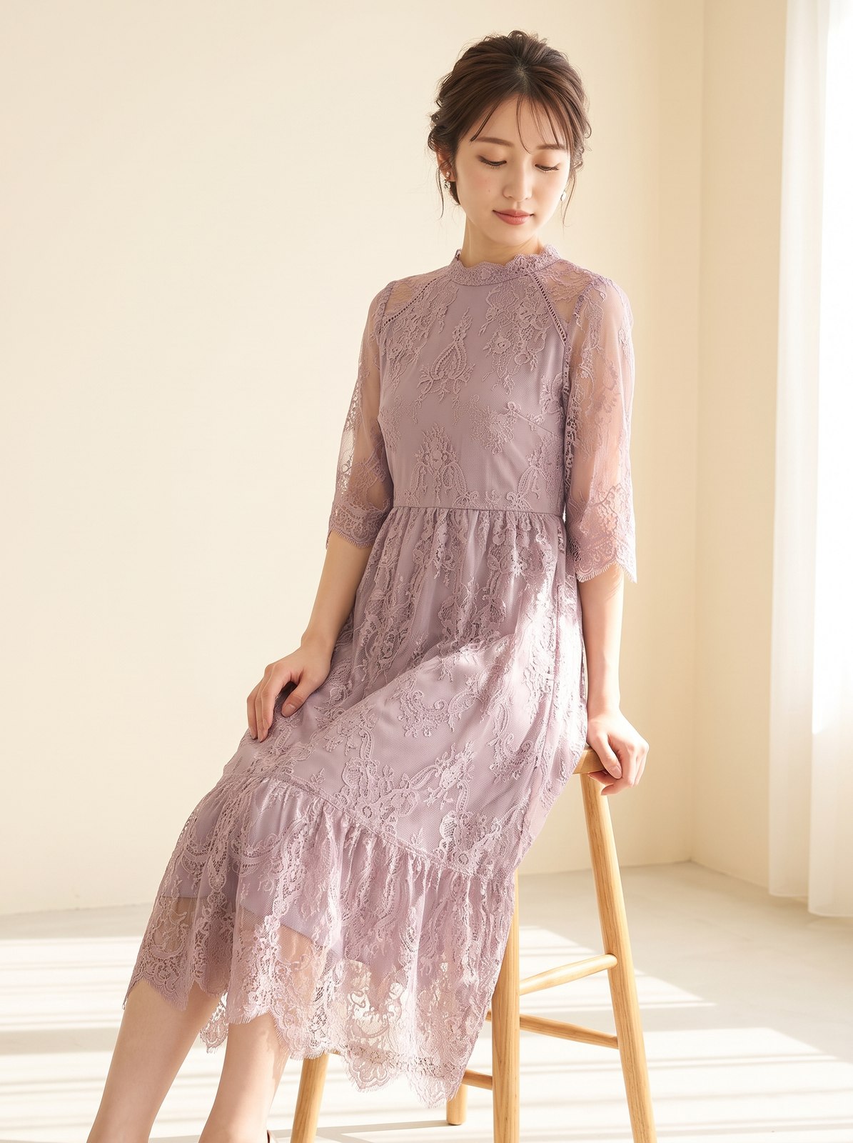 スタンドカラーレース ティアードロングドレス（レッド・ピンク系・XLサイズ）| 名古屋のレンタルドレス24DRESS