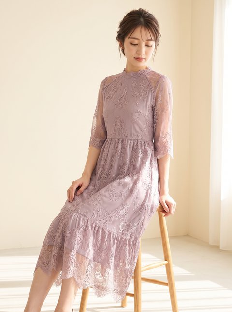 スタンドカラーレース ティアードロングドレス（レッド・ピンク系・XLサイズ）| 名古屋のレンタルドレス24DRESS