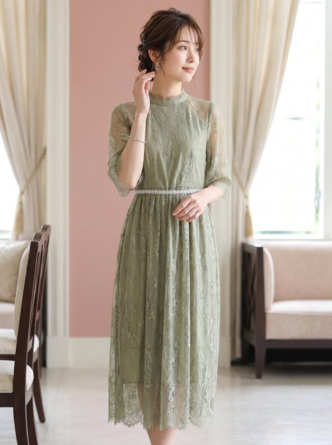 ウエストレースベルト グリーンレースドレス（グリーン系・Mサイズ）| 名古屋のレンタルドレス24DRESS