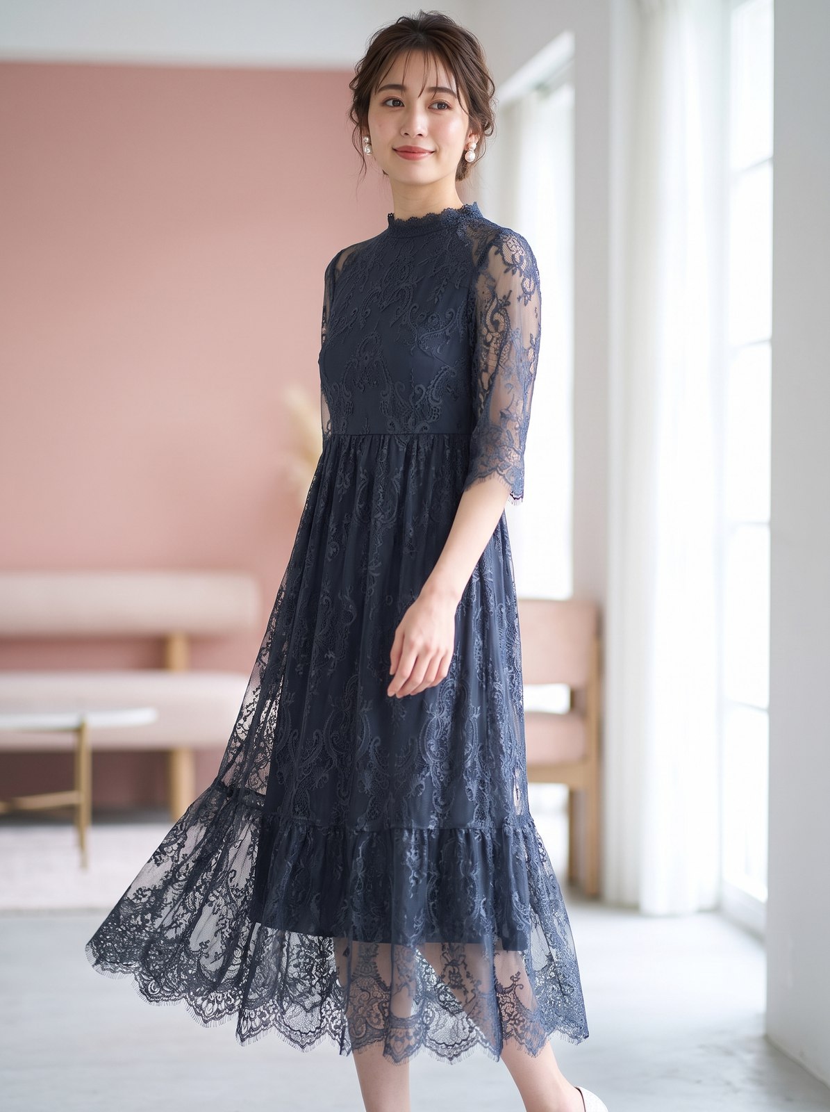 フリルネック総レース ティアードドレス（ネイビー・ブルー系・Mサイズ）| 名古屋のレンタルドレス24DRESS