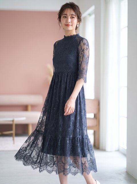 フリルネック総レース ティアードドレス（ネイビー・ブルー系・Mサイズ）| 名古屋のレンタルドレス24DRESS