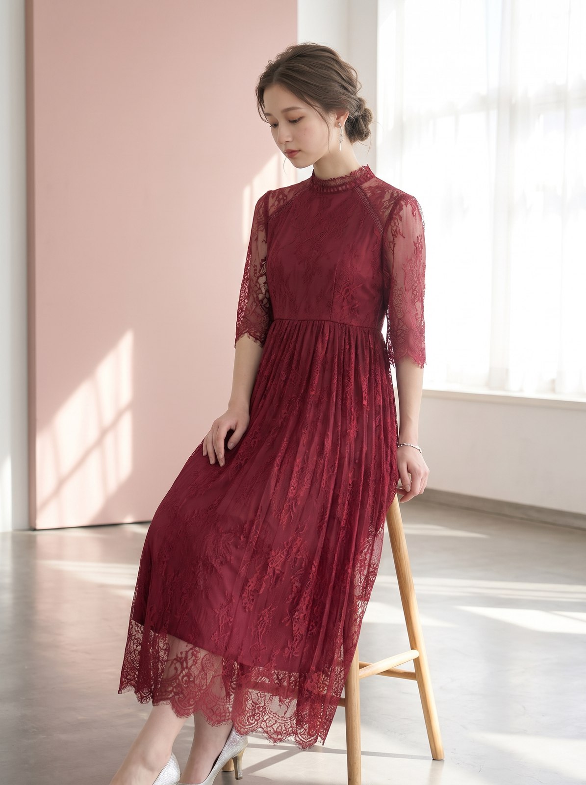 ハイネック総レース クラシカルドレス（レッド・ピンク系・Mサイズ）| 名古屋のレンタルドレス24DRESS
