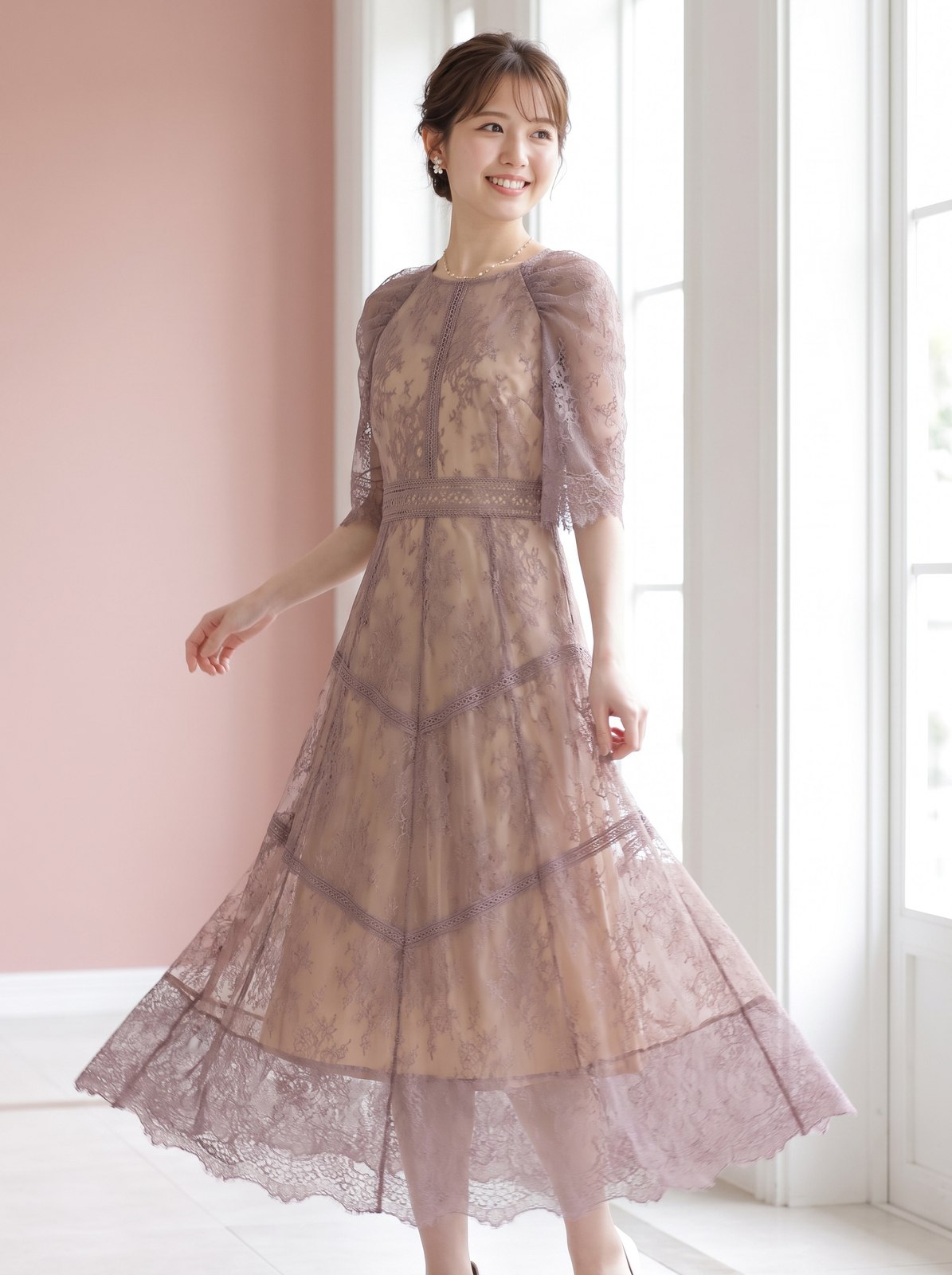 ティアードレース フレアスリーブドレス（レッド・ピンク系・Mサイズ）| 名古屋のレンタルドレス24DRESS