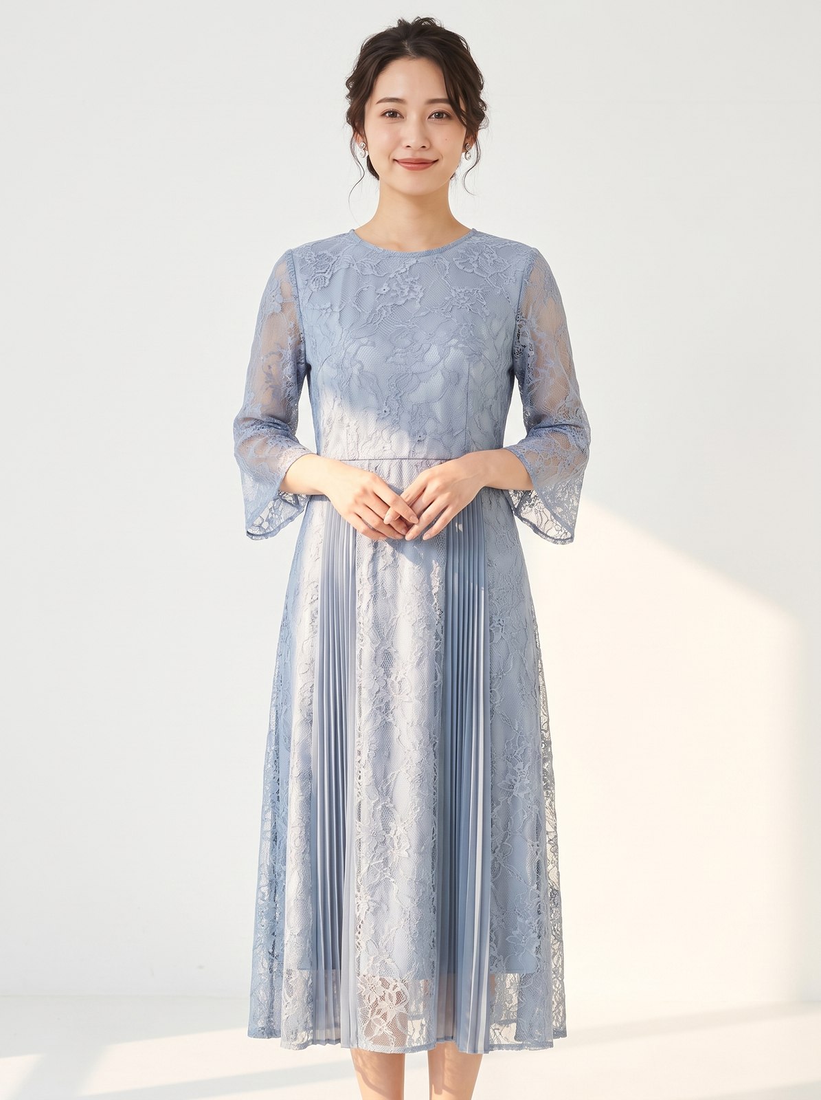 総レース×プリーツパネル 七分袖ドレス（その他・Mサイズ）| 名古屋のレンタルドレス24DRESS