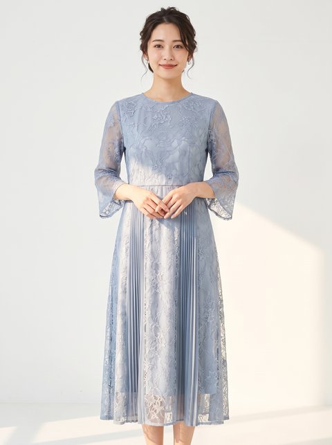 総レース×プリーツパネル 七分袖ドレス（その他・Mサイズ）| 名古屋のレンタルドレス24DRESS