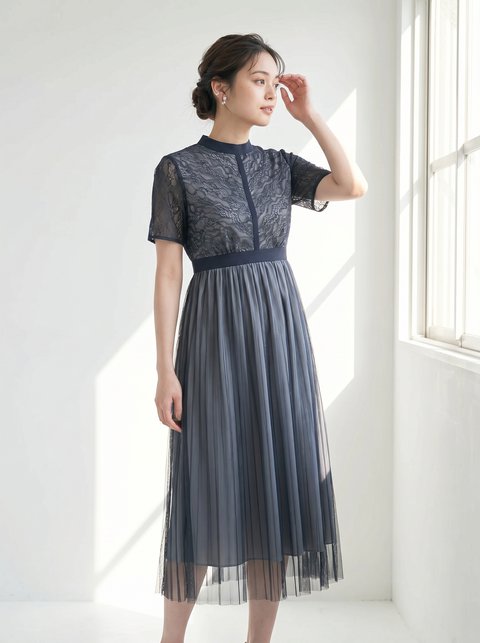 レース切り替えチュールプリーツ ミディドレス（ネイビー・ブルー系・Lサイズ）| 名古屋のレンタルドレス24DRESS