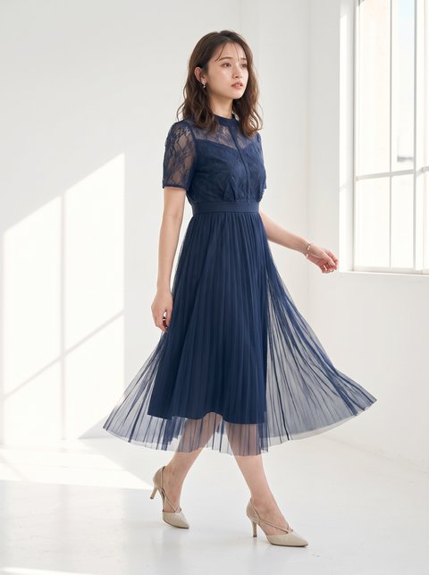 スタンドカラーレース×チュールスカートドレス（ネイビー・ブルー系・Sサイズ）| 名古屋のレンタルドレス24DRESS