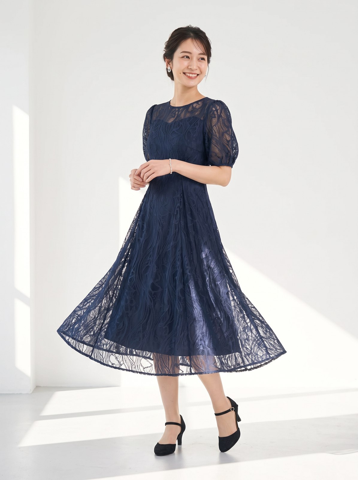 総レースパフスリーブ フレアパーティードレス（ネイビー・ブルー系・Mサイズ）| 名古屋のレンタルドレス24DRESS