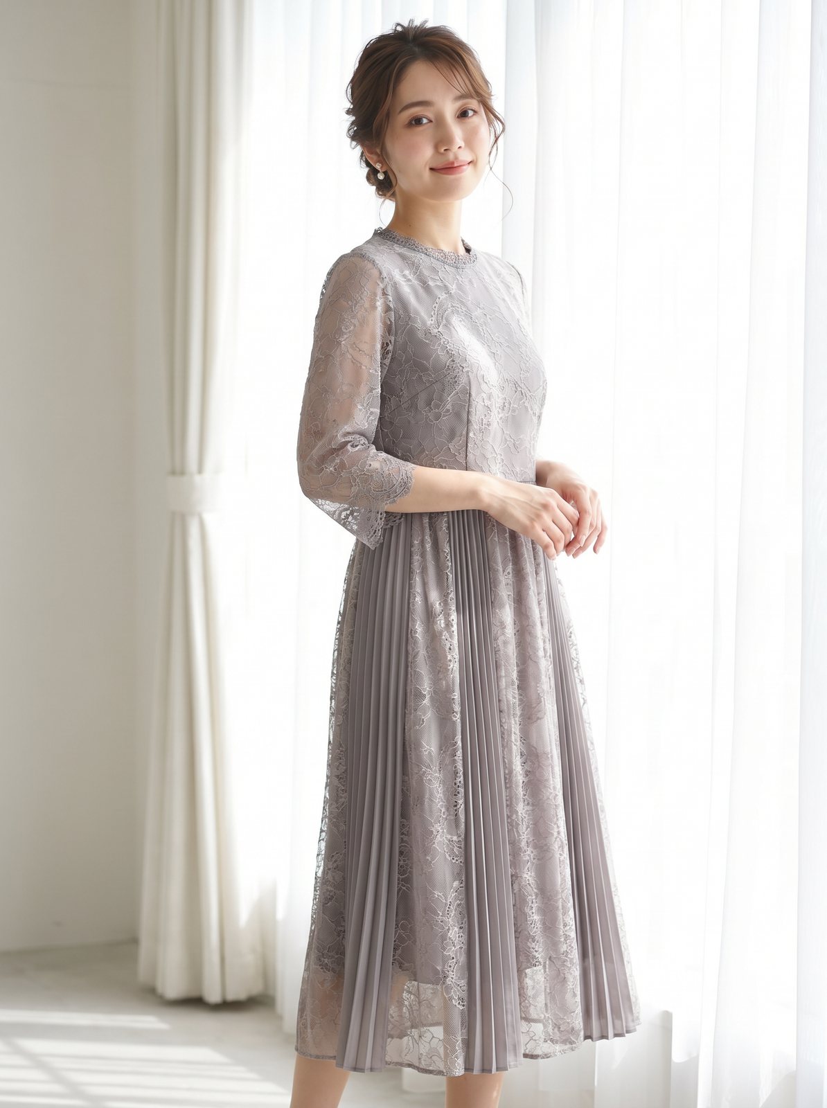 総レース×サイドプリーツ パーティードレス（その他・Lサイズ）| 名古屋のレンタルドレス24DRESS
