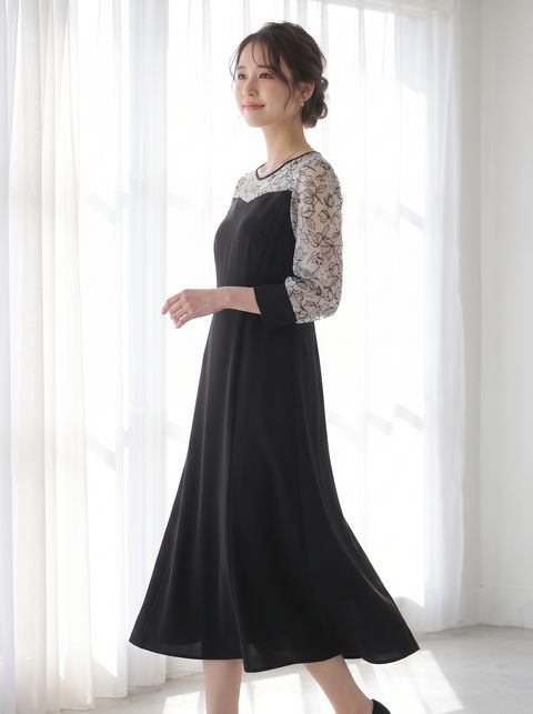 花柄シアースリーブ ブラックパーティードレス（黒（ブラック）・Mサイズ）| 名古屋のレンタルドレス24DRESS