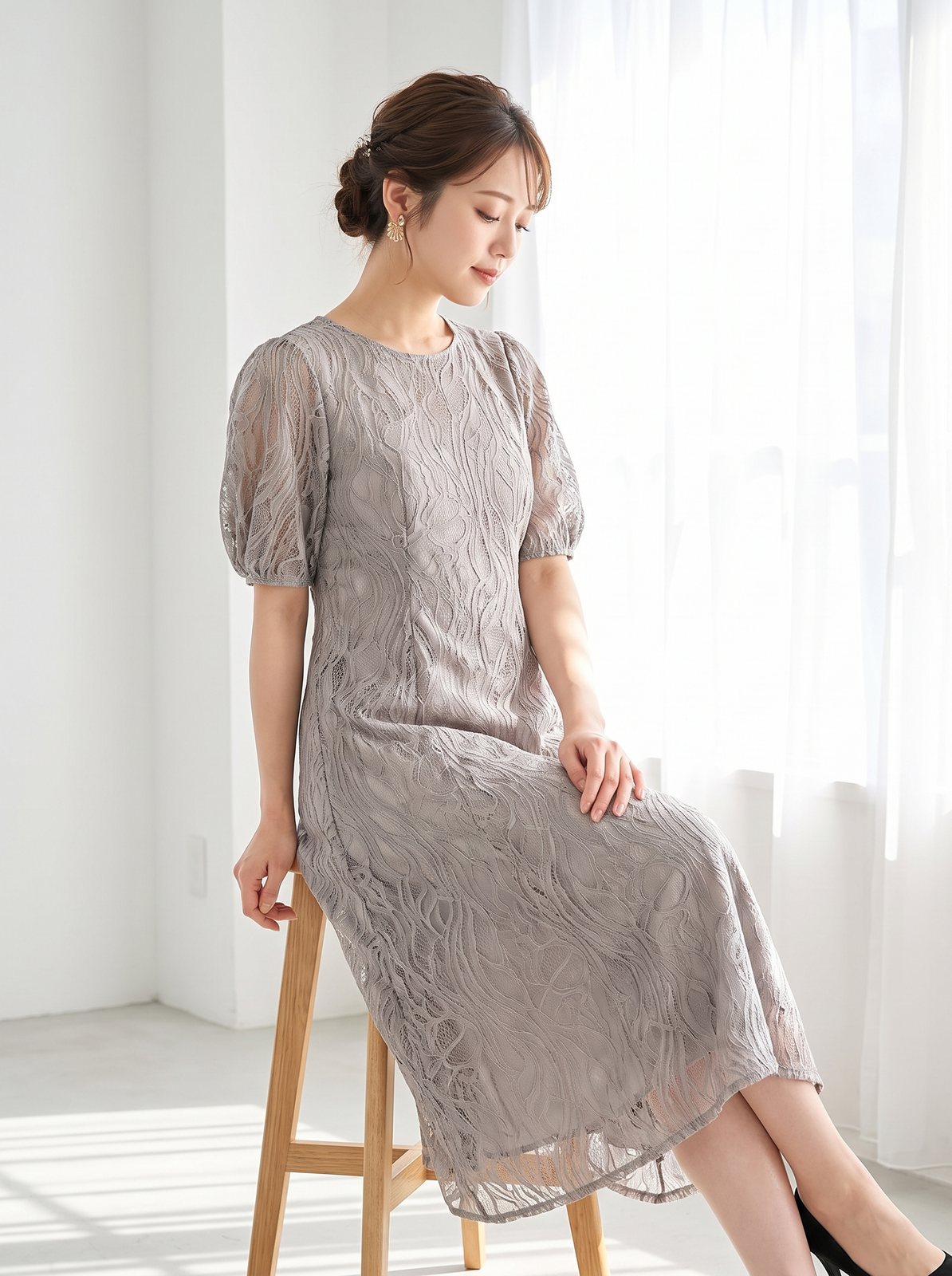 ニュアンスレース ワンピースドレス（ブラウン・ベージュ系・Mサイズ）| 名古屋のレンタルドレス24DRESS