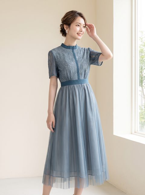 スタンドカラー チュールプリーツドレス（ネイビー・ブルー系・Mサイズ）| 名古屋のレンタルドレス24DRESS