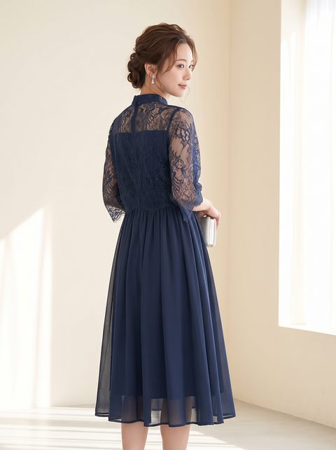 スタンドカラーレース ドッキングドレス（ネイビー・ブルー系・Lサイズ）| 名古屋のレンタルドレス24DRESS