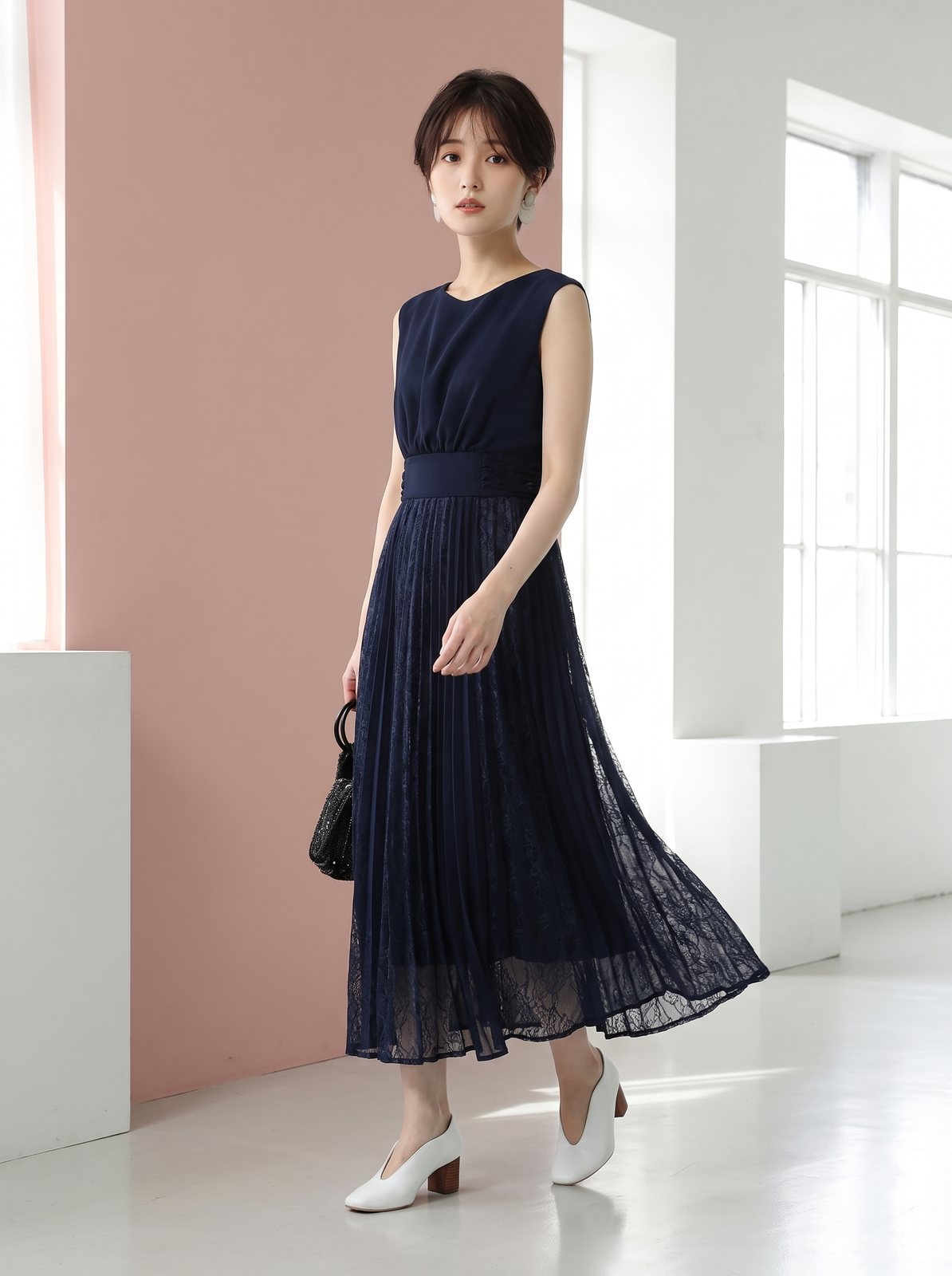 レースプリーツスカート ロングドレス(ネイビー・ブルー系・Sサイズ)| 名古屋のレンタルドレス24DRESS