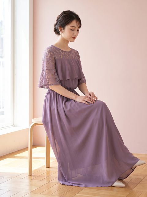 ラッフルフリル シフォン調ロングドレス（パープル系・Lサイズ）| 名古屋のレンタルドレス24DRESS