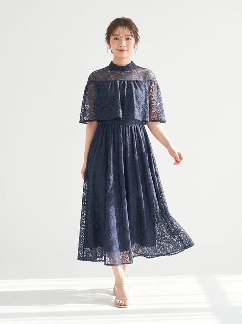 ケープティアード総レースドレス（ネイビー・ブルー系・Mサイズ）| 名古屋のレンタルドレス24DRESS