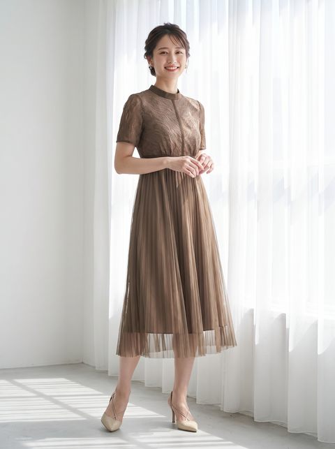 チュールプリーツ ドッキングドレス（ブラウン・ベージュ系・Lサイズ）| 名古屋のレンタルドレス24DRESS