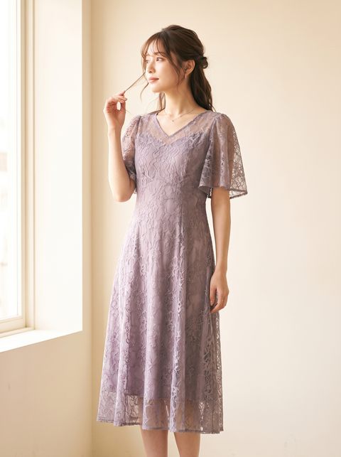 フレアスリーブ総レース ワンピース（パープル系・XLサイズ）| 名古屋のレンタルドレス24DRESS