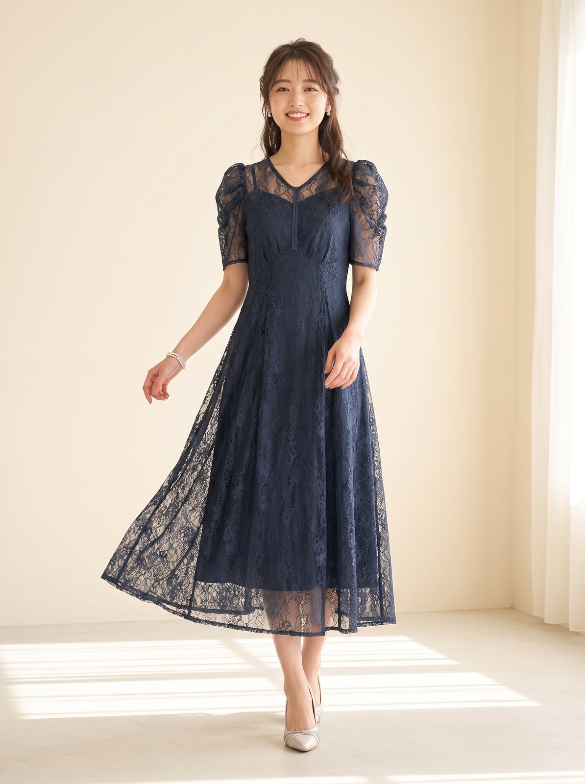 ギャザースリーブ総レースドレス（ネイビー・ブルー系・Lサイズ）| 名古屋のレンタルドレス24DRESS