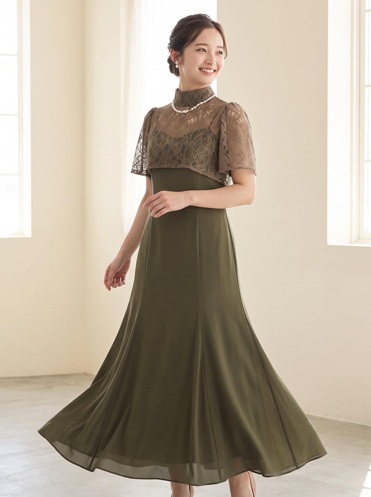 レースケープ風 ロングパーティードレス（ブラウン・ベージュ系・Mサイズ）| 名古屋のレンタルドレス24DRESS