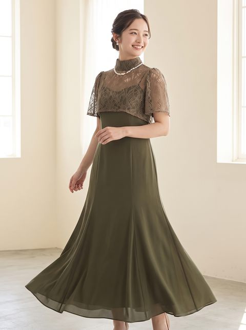 レースケープ風 ロングパーティードレス（ブラウン・ベージュ系・Mサイズ）| 名古屋のレンタルドレス24DRESS