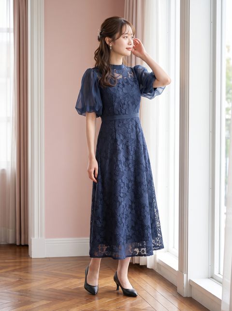バルーンスリーブ レースロングドレス（ネイビー・ブルー系・Mサイズ）| 名古屋のレンタルドレス24DRESS