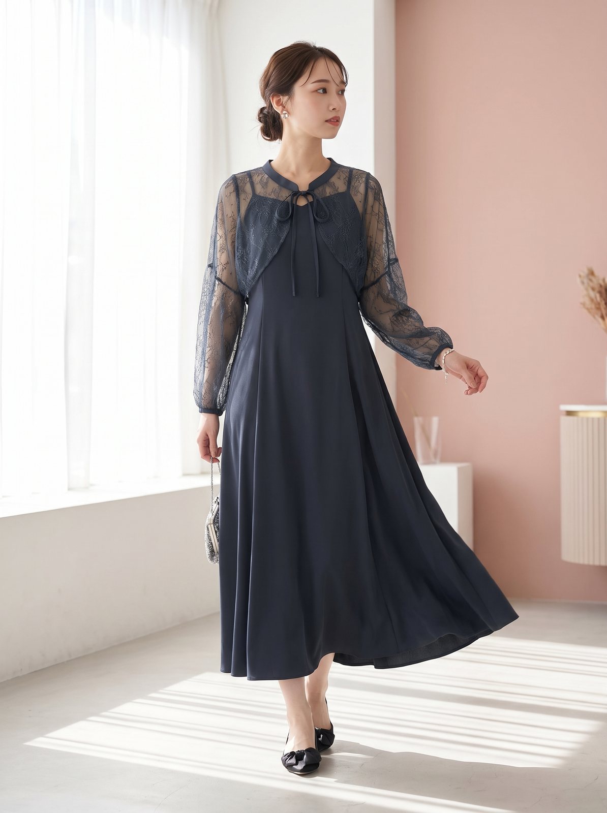 シアーレース重ね フレアロングドレス（ネイビー・ブルー系・Mサイズ）| 名古屋のレンタルドレス24DRESS