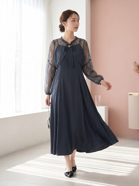 シアーレース重ね フレアロングドレス（ネイビー・ブルー系・Mサイズ）| 名古屋のレンタルドレス24DRESS