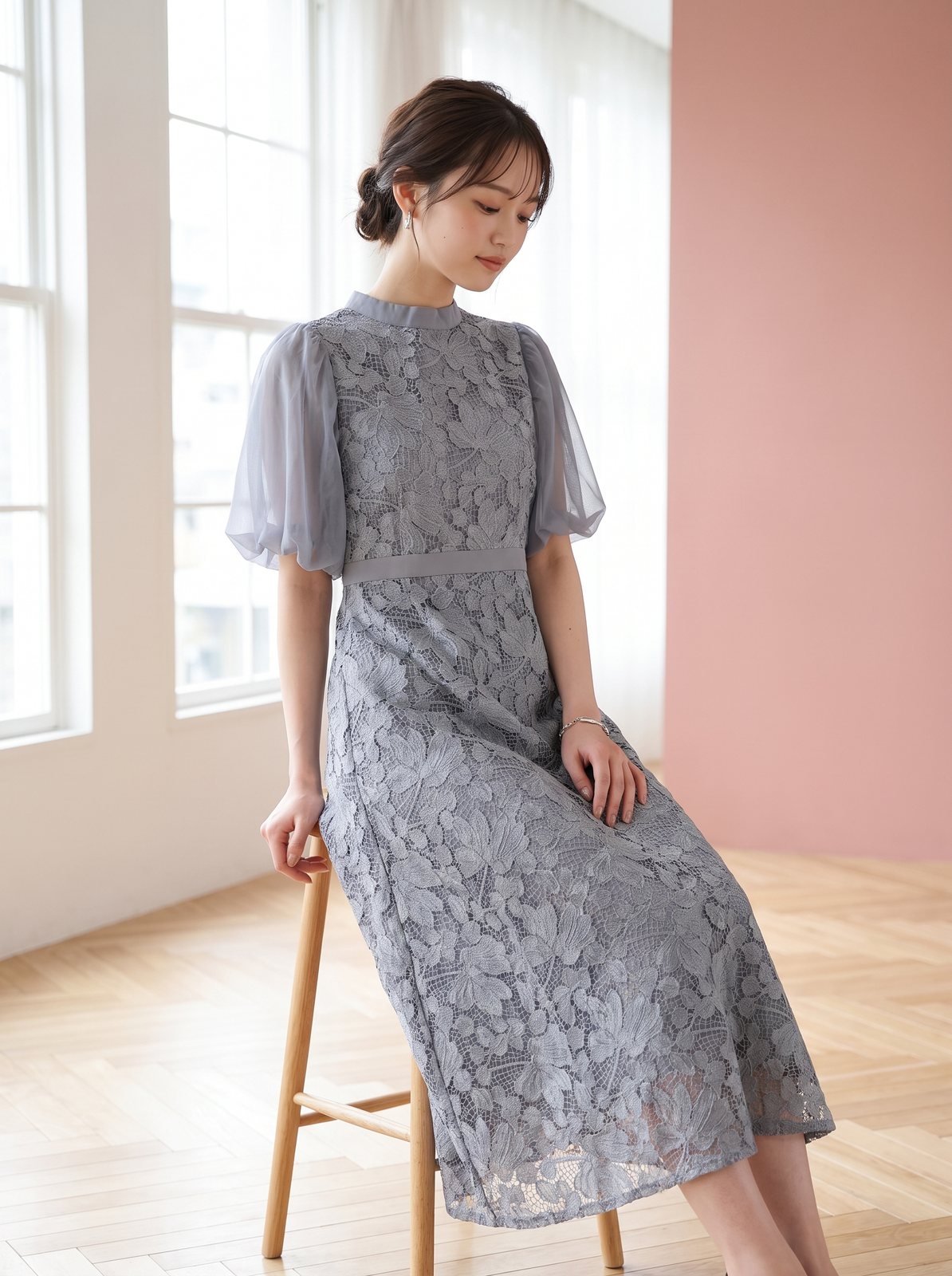 シアーパフスリーブ レースロングドレス（ネイビー・ブルー系・Sサイズ）| 名古屋のレンタルドレス24DRESS