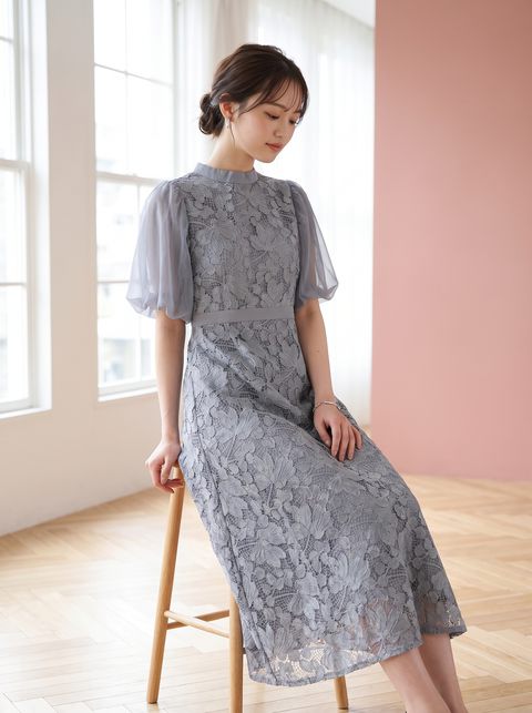 シアーパフスリーブ レースロングドレス（ネイビー・ブルー系・Sサイズ）| 名古屋のレンタルドレス24DRESS