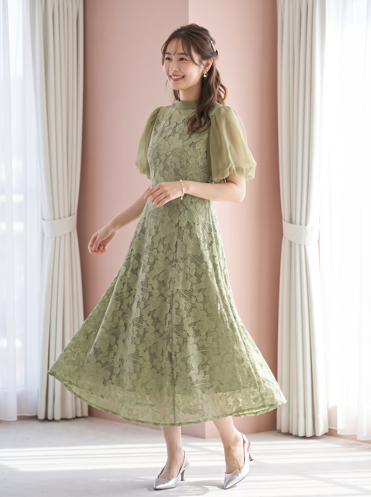 ボトルネックレース フレアロングドレス（グリーン系・Sサイズ）| 名古屋のレンタルドレス24DRESS