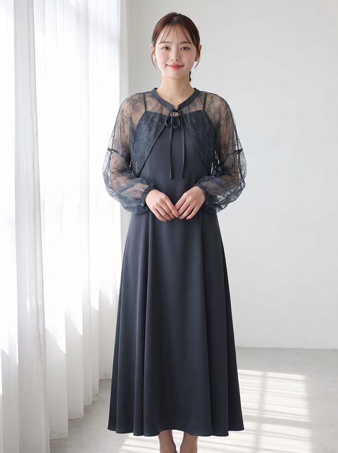 レースボレロ風レイヤードドレス（ネイビー・ブルー系・Lサイズ）| 名古屋のレンタルドレス24DRESS
