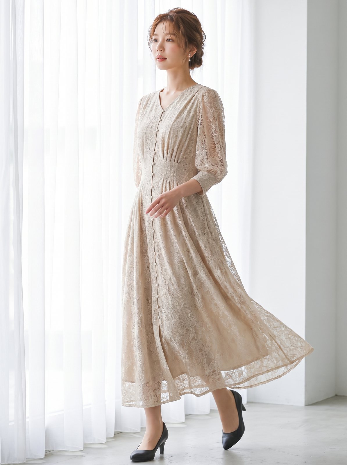 総レース前ボタンパーティーワンピース（ブラウン・ベージュ系・Sサイズ）| 名古屋のレンタルドレス24DRESS