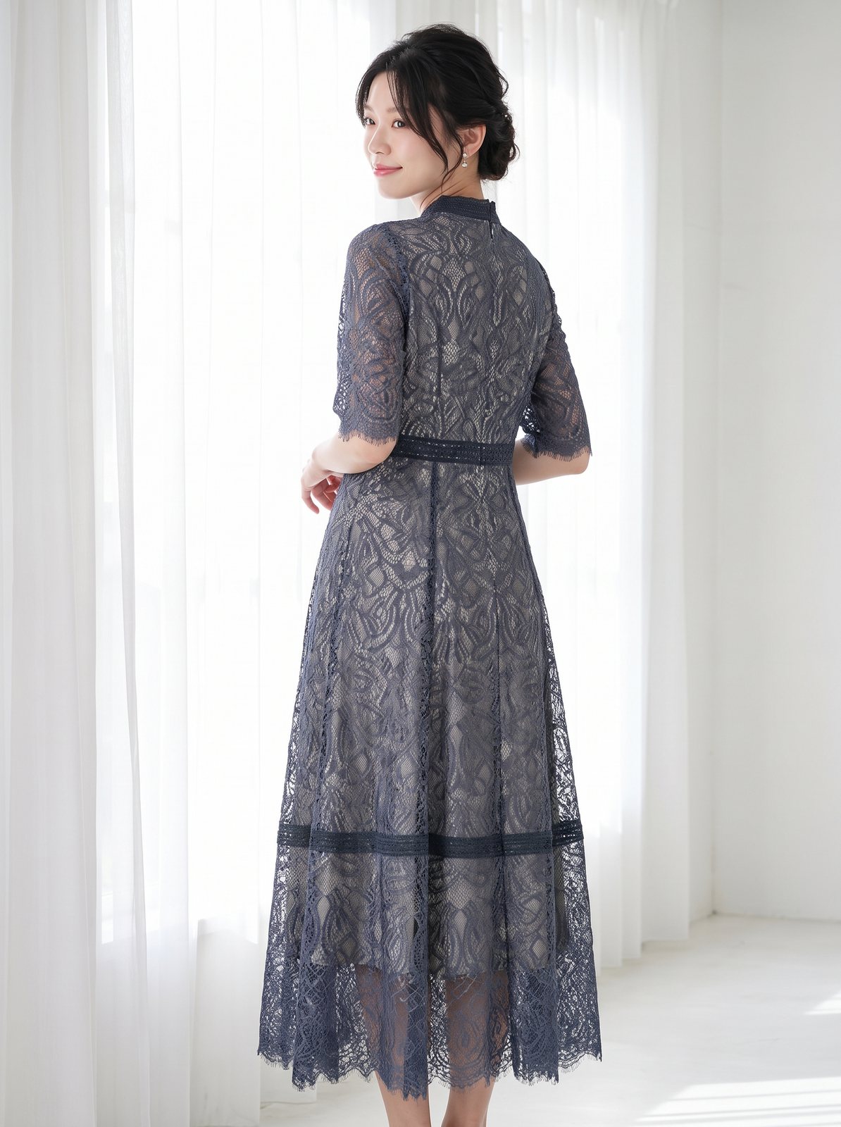 配色レース×ハシゴレース切り替えドレス（ネイビー・ブルー系・Lサイズ）| 名古屋のレンタルドレス24DRESS
